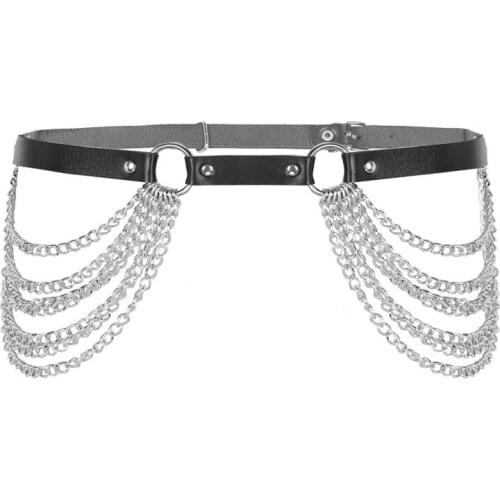 Women Sexy Gothic Adjustable Faux Leather Harness Belt Waist Body Caged with Metal O Rings and Chain Tassel For Adult Party Club