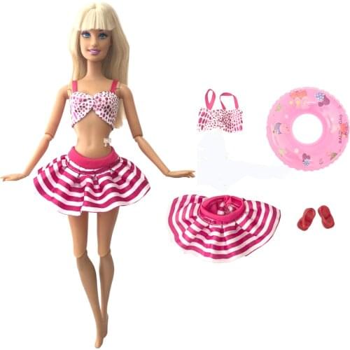 1 Set Swimwear Beach Bathing Clothes Red Bikini Swimsuit + Random Swim Ring + 1x Slippers Clothes for Barbie Doll Kids Toy