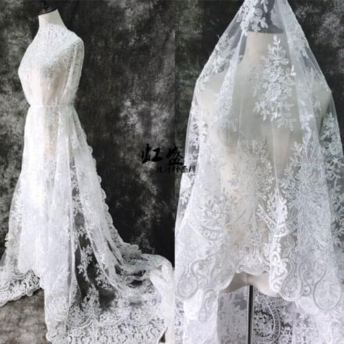 130cm white luxury Wedding bridal Dress Applique DIY Bridal Headdress scarf veil sequined Embroidered Lace Fabric Patch curtain