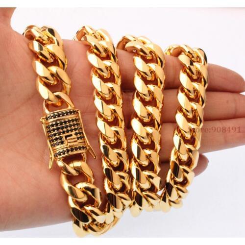 15mm8-40" Mens Miami chain Popular Design Gold Tone Stainless Steel Curb Chain Necklace or Bracelet with Black stone Clasp