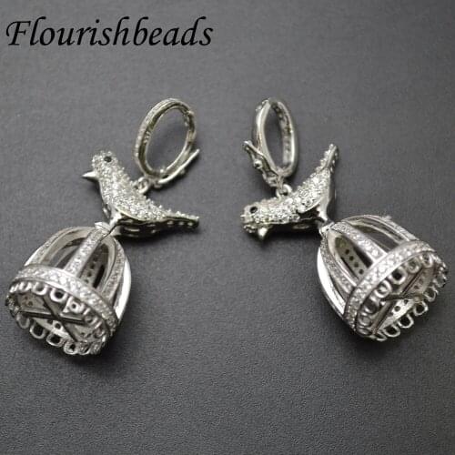 15x40mm 925 Silver Paved CZ Bird Cage Crown Bead Caps fit DIY Tassel Pendant Necklace making with Loops at Bottom