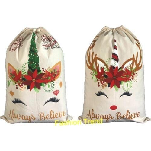 20pcs/lot 2020 Christmas canvas santa sack holiday decoration gift bags 2 styles unicorn santa sacks wholesale bag