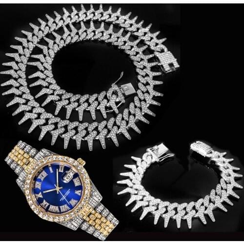3pcs Kit 25MM Hip Hop Heavy Iced Out Cuban Link Full AAA Crystal Pave Watch+Thorns Necklace+Bracelet for Men Jewelry