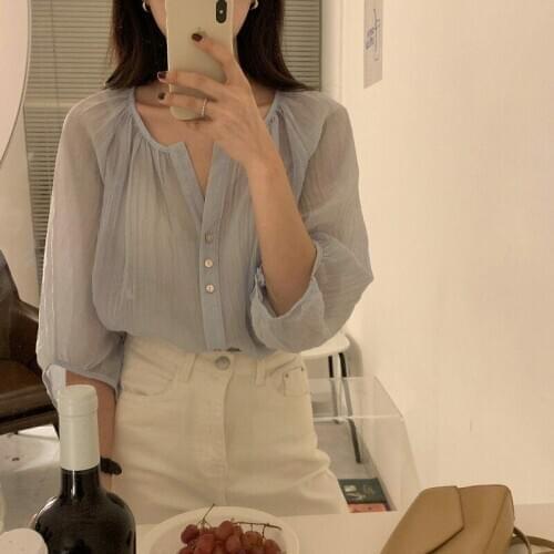 Sweet Blouses Women Summer Style Lantern Sleeve Loose V Neck Tops Shirt