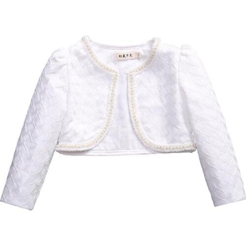 Girls Satin White Cape Kids Coat Girls Long Sleeves Beaded Boleros Lace Jacket Short Children Girls Cardigan For 6 8 10 12 14 Y
