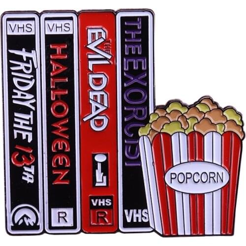 VHS and chill popcorn enamel pin horror movie fans badge Halloween gift perfect retro addition