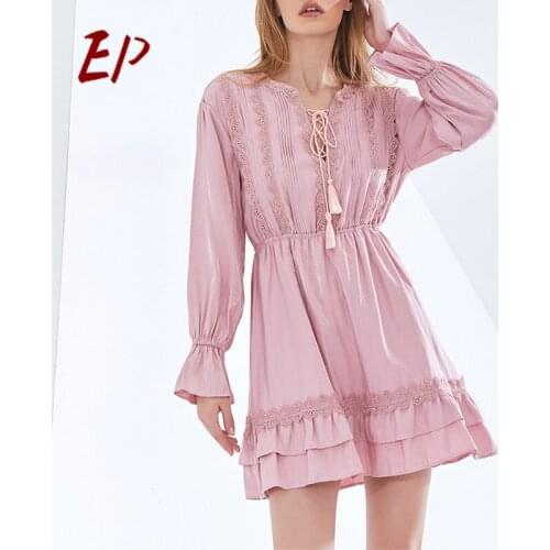 EP Fashion 2021 Spring New Lace Long Sleeve Bodycon Dress A-Line V-Neck High Waist Casual Dresses For Women