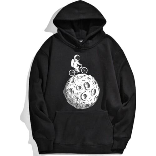 Hoody Cartoon Moon Astronaut Riding Bicycle Printed New Man Hoodies Loose Street Men Pullovers Vintage Retro Hoodie