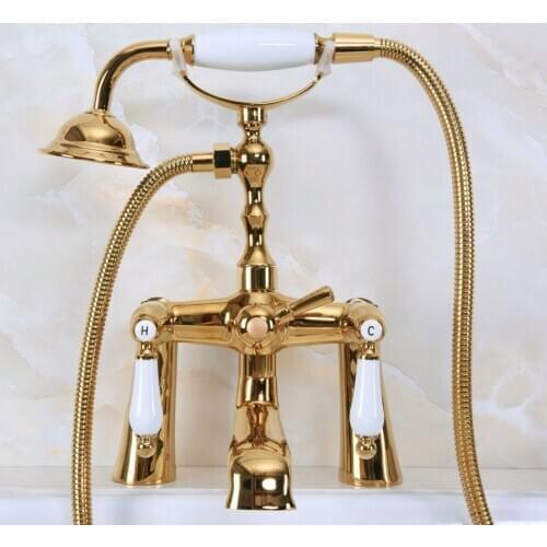 Gold Color Brass Deck Mount Bathroom Tub Faucet Dual Ceramic Handles Telephone Style Hand Shower Clawfoot Tub Filler ana140