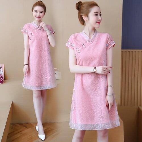 Summer Fashion New Women National Cheongsam Loose Large Size Vintage Lace Women Short Dress Female White Qipao Dresses