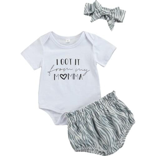3Pcs Fashionable Baby Girls Boys Outfit Summer Short Sleeve Round Collar Letter Bodysuit Diagonal Striped Shorts Bow Headwear