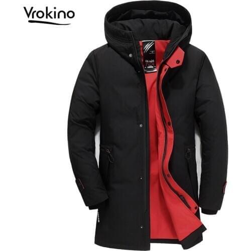 VROKINO 2020 New Winter Listing Mens Casual Fashion Thick Down Jacket High Quality Mens Slim Hooded Black Warm Down Jacke