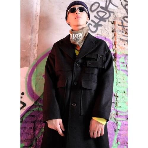 Mens woolen coat autumn and winter mid-length black stitching