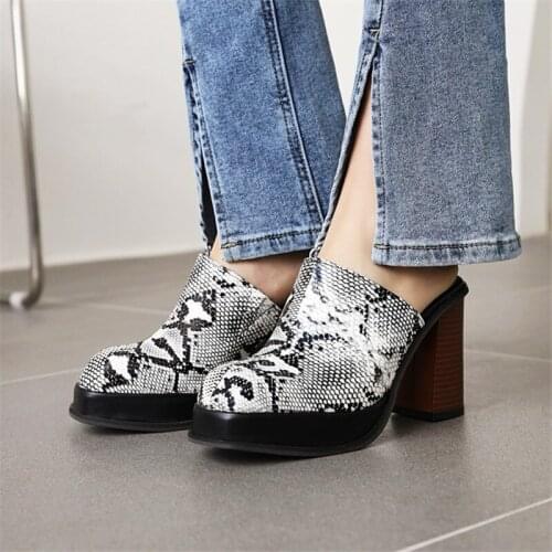 PXELENA 2021 Summer Fall Women Snake Print Mules Block High Heels Slippers Modern Outdoor Slides Party Night Club Shoes 34-48 OL