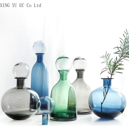 Nordic Blue Gray Glass Bottle with Lid Decorative Vase Simple Creative Decoration Green Floral Home Decoration Accessories