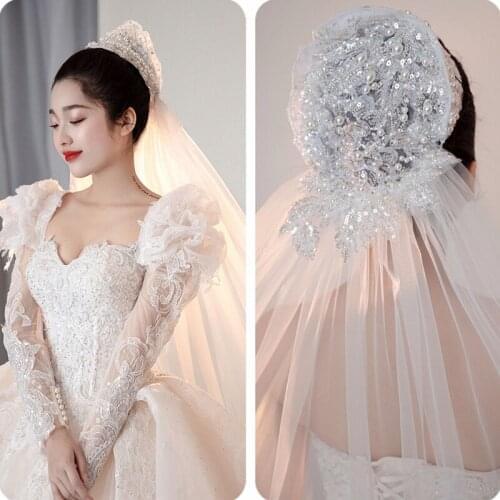 Original Heavy Industry Crystal Pearl Hat Super Long Tail Veil Bridal High-end Headdress Studio Sample Accessories