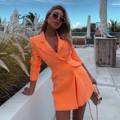 Long Sleeve Slim Blazer Dress Autumn Winter Women Fashion Pure Orange Streetwear Outfits Windbreak