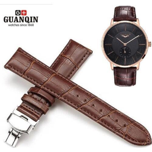 GUANQIN 20mm Watchbands Genuine Leather Black Brown Color Deployant Buckle Bracelet Watch Band For Butterfly Pattern Watches