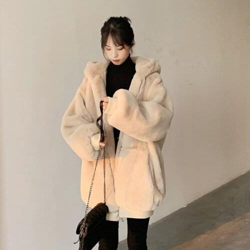 Korean version of loose womens winter imitation rex rabbit fur in the new thick hooded jacket woman jacket winter