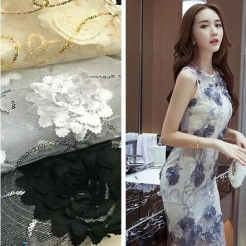 High quality Mesh Chiffon lace fabric 3D beads sequints flower embroidery fabric Transparent mesh fabric for dress DIY patchwork
