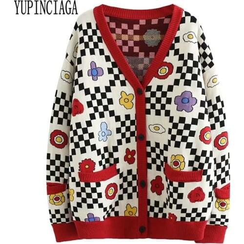 YUPINCIAGA Harajuku style black and white mosaic check flower double jacquard thick V-Neck Embroidery Knitted sweaters cardigan