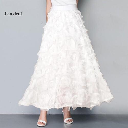 Long Tulle Skirt Women Spring Summer Tassel Korean Elegant High Waist A-line Pleated School Midi Skirt Female