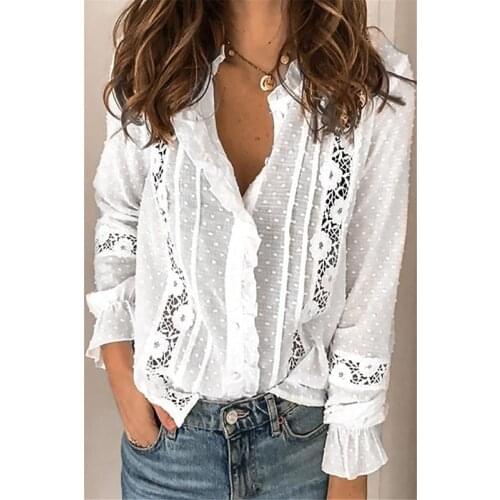 Women Elegant Button White Blouse Vintage Floral Lace Hollow Out Shirts Daily Commute Wear White Temperament Vneck Shirt Casual