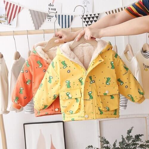 Winter Toddler Boys Jackets Boys Plus Velvet Warm Cotton Coats Kids Cartoon Print Thicken Hooded Jackets 2-6 Y Baby Windbreaker