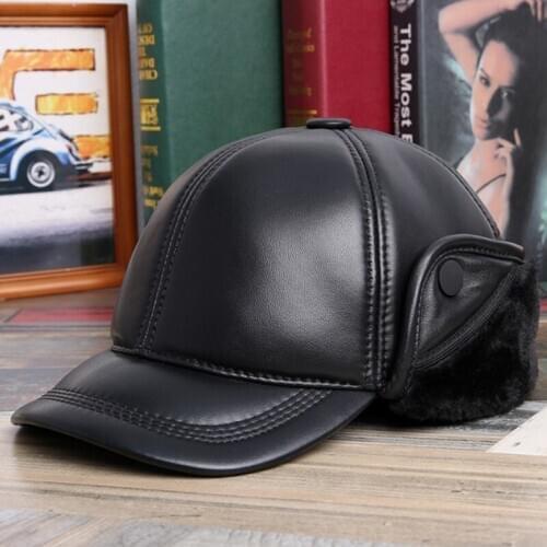 Natural Leather Cap Winter Thermal Baseball Caps For Men Earmuffs Hats Middle-aged Mens Sheepskin Leather Hat Dads Winter Hat