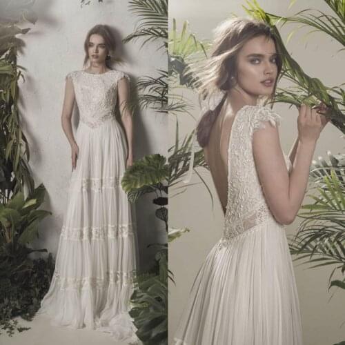 2020 Fashion Wedding Dresses Capped Sleeve Beading Appliques Lace Chiffon Bridal Gowns Backless Sweep Train Beach Wedding Dress