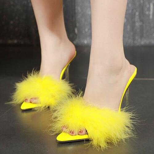 High Sexy Feather Heels Fashion White Bling Summer Sandals Open Toe Funny Women Shoes Stripper Heels Fetish chaussure femme