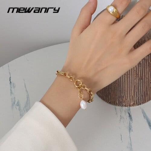 MEWANRY 925 Sterling Silver Bracelets for Women Trendy Elegant Charming Vintage Unique Thick Chain Irregular Pearl Party Jewelry