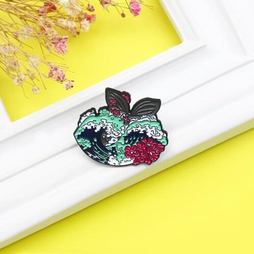 Grey whale wave Enamel Brooch Dream spray Red flowers fish tail Lapel Pin Sharks hiding in the waves Creative animals badge