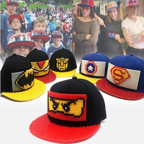 Childrens DIY hat building block baseball cap mens and womens hip hop parent child flat brim hat Cartoon Puzzle Funny