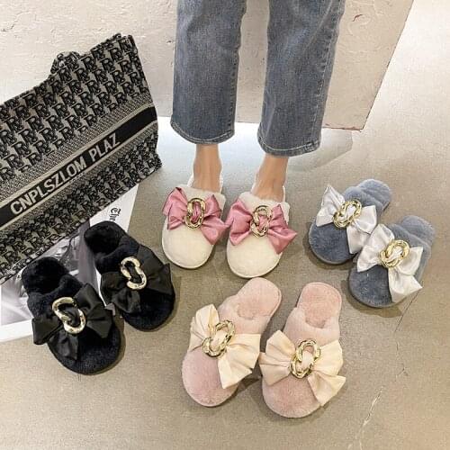 Metal Buckle Home Slipper Autumn Winter Shoes Woman Women Indoor Slippers Warm Plush Anti Slip House Floor Soft Slient Slides