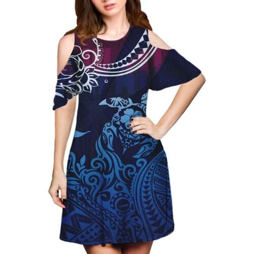 Hycool Polynesian Sea Turtle Design Summer Short Sleeve Ladies Fashionable Dress Wholesale Sexy One-Shoulder O-Neck Casual Dress