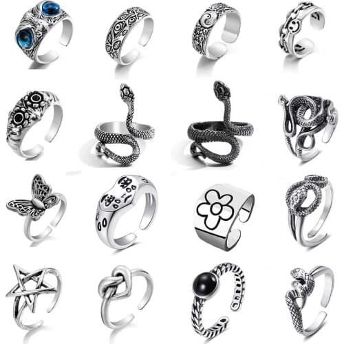 Ring For Women Girls Snake Smile Fashion Men Jewelry Vintage Ancient Silver Color Punk Hip Hop Adjustable Boho Frog