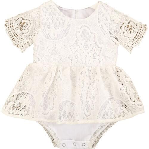 Baby Girls Short Sleeve Romper Summer Floral Lace Pattern Solid Color Crew Neck Tutu Jumpsuit