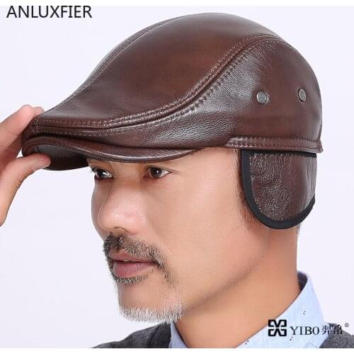 B-8382 Mens Genuine Leather Hat Adult Winter Leather Cap Elder Papa Warm Hat Mens Cowwide Visors Warm Cap Ear Protection