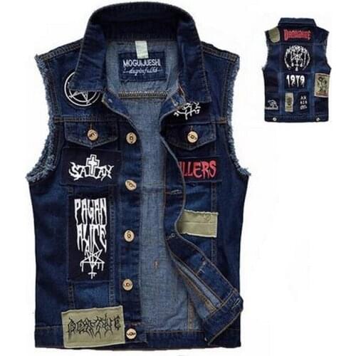 Mens Large Size Locomotive Patch Personality Waistcoat Denim Waistcoat Mens Slim Patch Denim Waistcoat