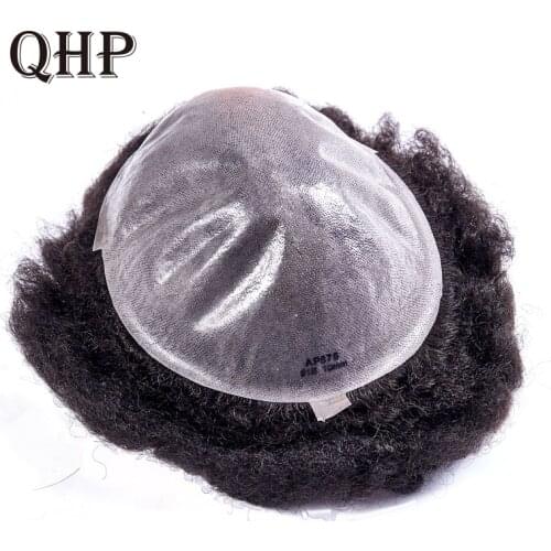 Mens Toupee Wig Mono And Npu Afro Kinky Curly Replacement Hair System Handmade Hairpieces Indian Human Remy Hair