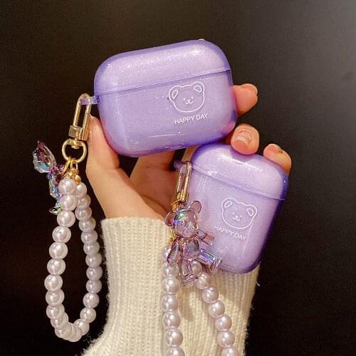 Cute Glitter Bear Pearl Bracelet Keychain Clear Headphone Earphone Soft Case for Apple Airpods 1 2 Pro Wireless Headset Cover