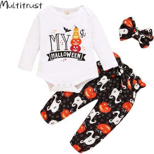 0-24M 3pcs Newborn Babys Girls Clothes Pumpkin Printed Jumpsuit Romper Long Pants Outfit Set skull Ghost Halloween Clothes Set