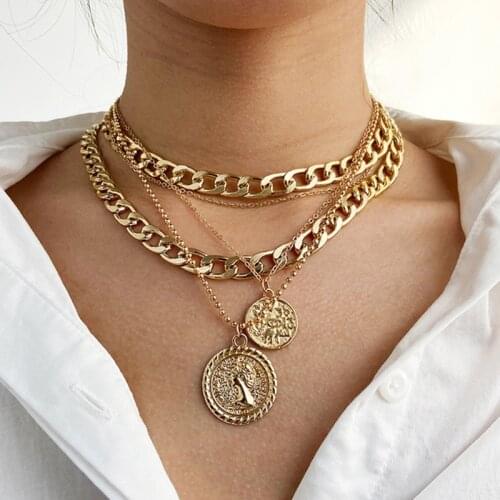Punk Hip Hop multilayer Gold Color Portrait Coin Pendent Necklace Vintage Thick Cuban Link Chains Choker Necklaces for Women