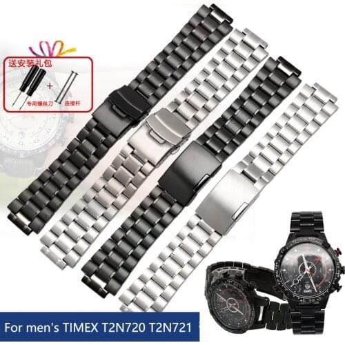 Stainless steel watchband for mens TIMEX T2N720 T2N721 TW2R55500 T2N721 watch strap 24*16mm lug end silver black bracelet
