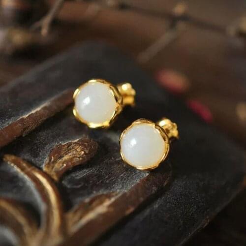 S925 Sterling Silver Inlaid Natural Hetian Jade White Jade Lace Stud Earrings Simple round Vintage Flower Palace Style Earrings