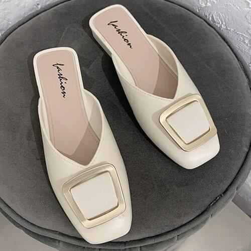 Womens Summer Shoes Slip On Mules Casual Shoes Buckle Square Toe Flats Sandals Brand Designer Sandals Ladies 2021 New Fashion