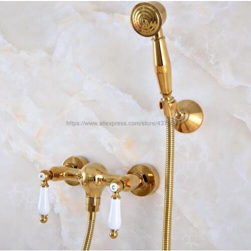 Gold Color Brass Bathroom Rainfall Hand Shower Faucet Set Mixer Tap With Hand Sprayer Wall Mounted Nna977