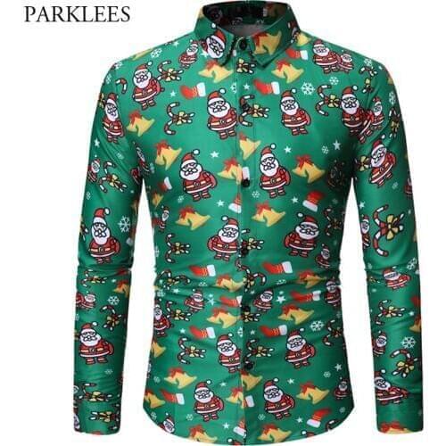 Green Christmas Shirt Men Funny Santa Claus Print Mens Dress Shirts Casual Slim Fit Xmas Party Blouse Chemise Homme Top XXL