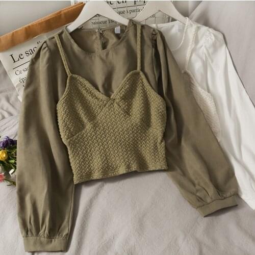 Dames blouse Korea Women Retro Fake 2pcs blouse short O neck long sleeve tops female shirt women shirts blouses